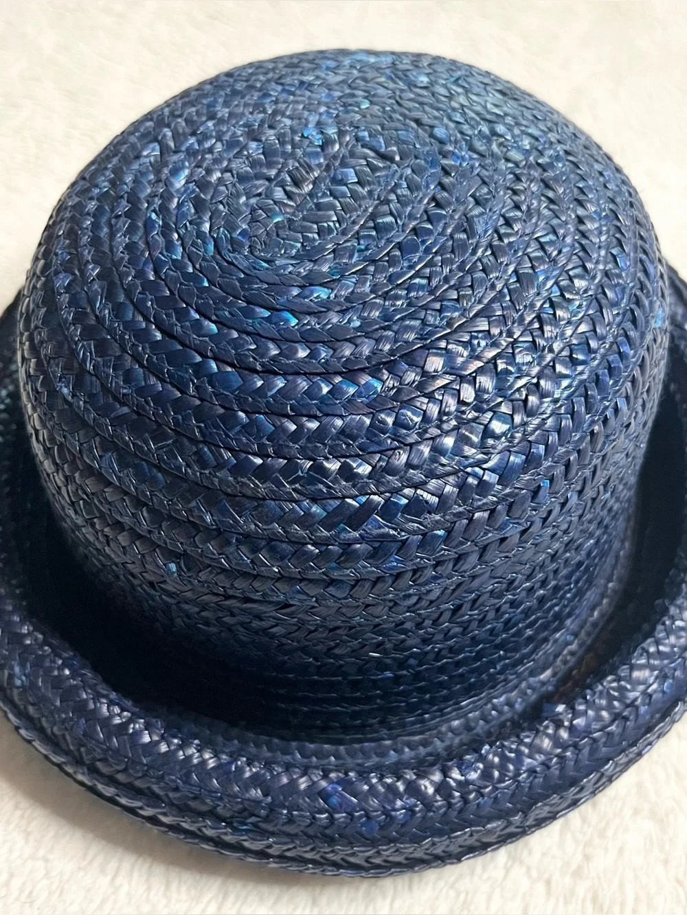 Vintage Navy Blue Braided Straw Rolled Brim Bowler Hat